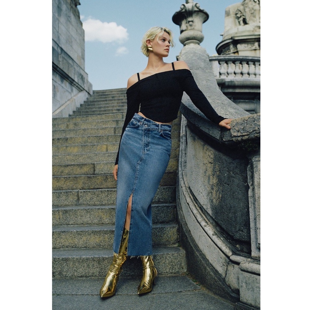 $168 Reformation Nila Long Denim Jean Skirt Blue Crossover Waist Midi Slit 26 4 - Picture 8 of 15